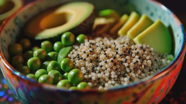 Close-up of a colorful bowl filled with quinoa, peas, avocado, and lime food healthy