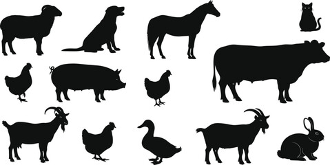 Collection of farm animal silhouettes including sheep dog horse pig cow chicken goat duck and rabbit