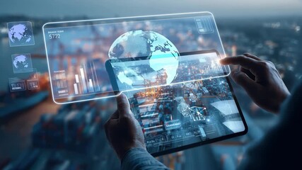 Businessman interacts with digital tablet displaying futuristic information at a busy shipping port during twilight hours - Powered by Adobe