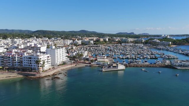 Aerial view of  Palm-Lined Promenade and Beachfront Hotels of Santa Eul&agrave;ria, Ibiza	