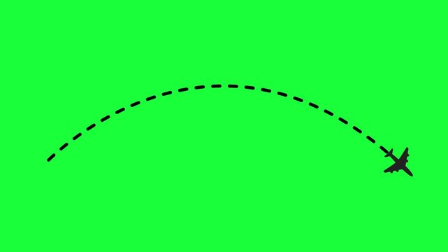 Cartoon animation of an airplane and a dotted flight line on a chroma key background. 4K.