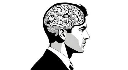Stylized illustration of a businessman's profile revealing a complex mechanical brain, symbolizing advanced intellect, strategic problem-solving, and the intricate workings of the human mind