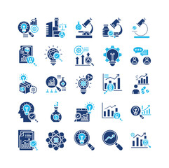 Research and development icon set collection. Containing examine, evolution, increase, operation, searching, profit, employment .Solid vector icons collection
