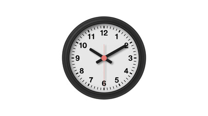 Minimalist analog wall clock with black frame, white face, bold black numbers, and red second hand, set against a solid transparent background. background removed