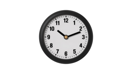 A black-framed analog clock with a white face and black numbers, displaying approximately ten past ten, set against a solid transparent background. background removed