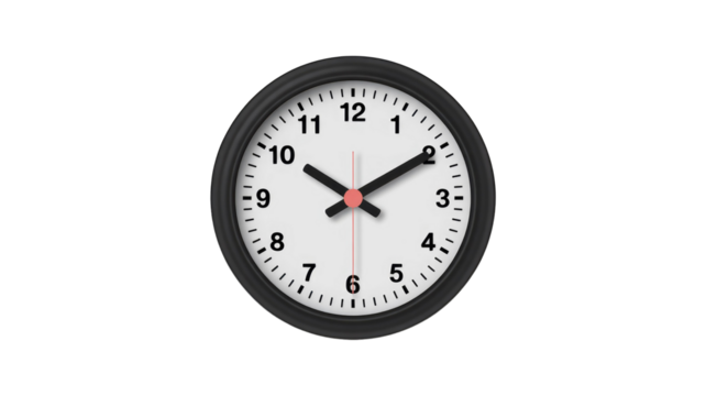 Minimalist analog wall clock with black frame, white face, bold black numbers, and red second hand, set against a solid transparent background. background removed
