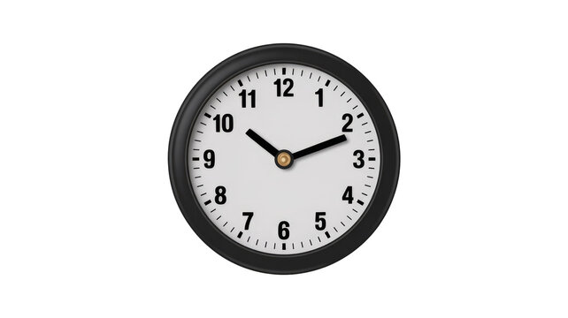 A black-framed analog clock with a white face and black numbers, displaying approximately ten past ten, set against a solid transparent background. background removed - Powered by Adobe