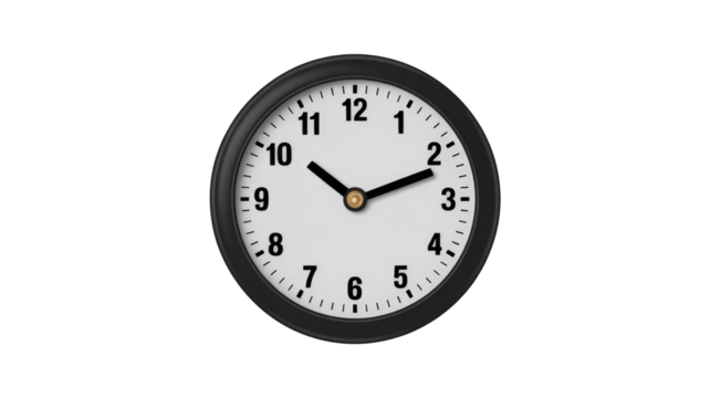 A black-framed analog clock with a white face and black numbers, displaying approximately ten past ten, set against a solid transparent background. background removed
