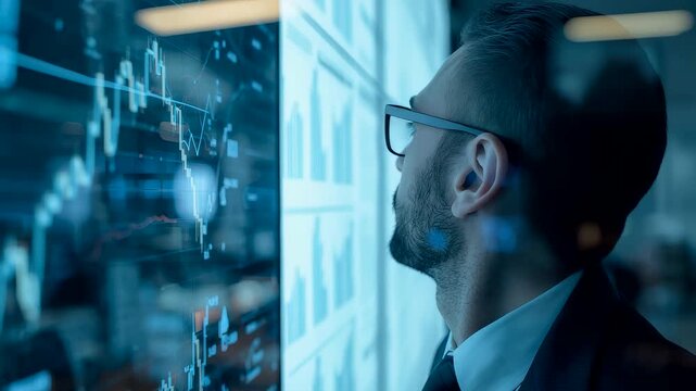 Businessman in Suit Analyzing Stock Market Charts on Large Transparent Digital Screen