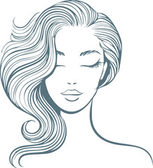 Minimal line portrait with hair blending into waves, elegant feminine line art portrait, flowing hair illustration for modern aesthetic design, Woman Line Art with Flowing Hair, Minimal Female Outline