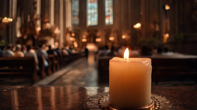 Candle casting warm light in cathedral during All Saints Day celebration with worshippers present and stained glass illuminating the scene