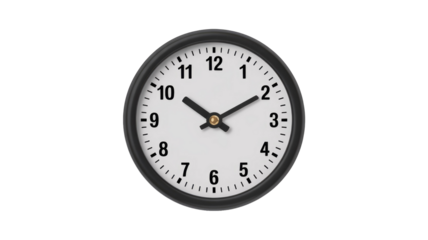 Simple analog wall clock with black frame, white face, and black hands against a plain transparent background, showing time. background removed