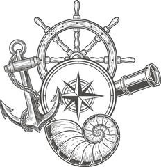 Steering wheel, compass and Nautical element, vector illustration.