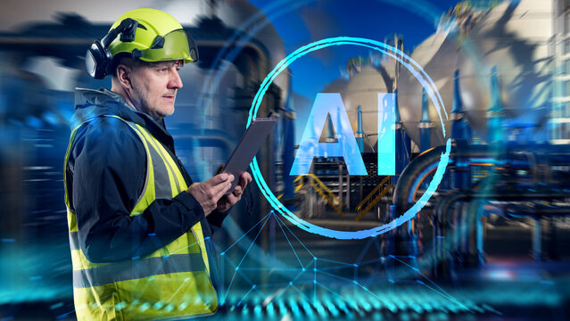 Industrial engineer uses tablet with artificial intelligence technology for smart factory management and predictive maintenance in modern production facility.