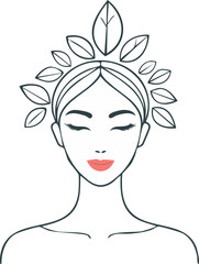 Minimal Outline Woman with Leaves Growing from Hair, Botanical Line Art Woman with Leaf Hair Vector, Elegant Minimal Female Outline with Nature Elements, Woman Silhouette with Leaf Hair Clean 