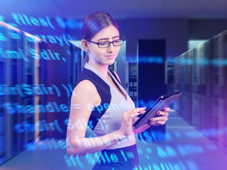 IT specialist analyzes software code using tablet in data center. Cybersecurity, programming, and digital technology management in modern computing systems.