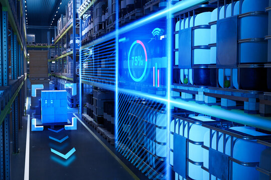 Automated warehouse uses AI and IoT for smart inventory tracking and logistics optimization. Digital management of goods in modern storage facility.