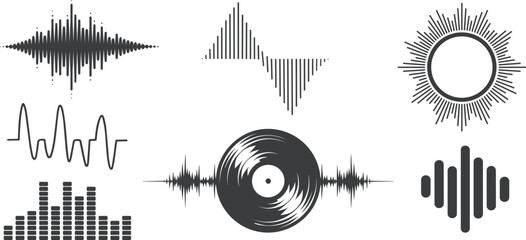 Collection of radio signal frequency and abstract music sound waves, vector illustration.	