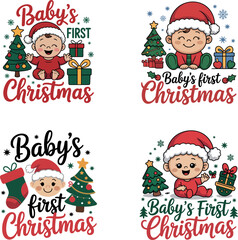 Sweet Baby&rsquo;s First Christmas Illustration Set with Cute Baby, Gifts, Stockings and Holiday Trees