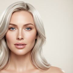 Fototapeta premium Stunning blonde with icy silver hair and perfect skin showcasing youthful beauty and modern style, ideal for beauty, fashion and lifestyle brands