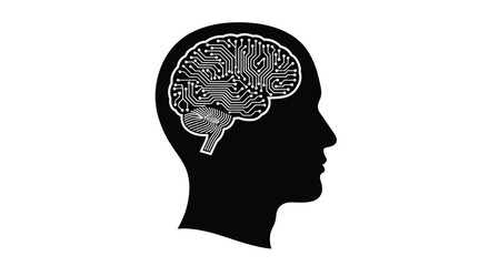 Human head silhouette containing a circuit board representing the brain