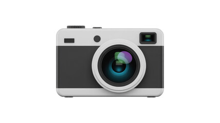 This image displays a sleek, minimalist digital camera in white and dark grey with a prominent lens, rendered against a solid transparent background. background removed