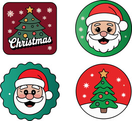 Colorful Christmas Icon Collection Featuring Santa Faces and Decorative Christmas Trees