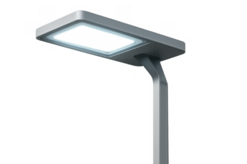 Modern led street light emitting bright cool illumination, featuring contemporary urban design for city infrastructure, on transparent background