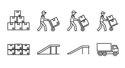 Fototapeta premium Delivery service icons showing packages workers stairs and a delivery truck