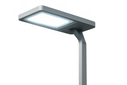 Modern led street light emitting bright cool illumination, featuring contemporary urban design for city infrastructure, on transparent background