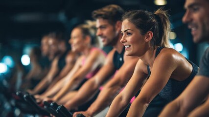Group of adults engaged in indoor cycling workout at a modern gym during an evening fitness class