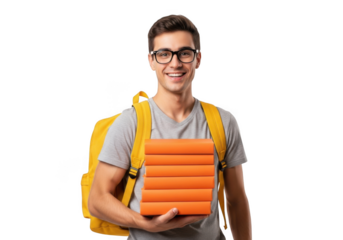 A smiling young man wearing glasses and a yellow backpack holds a stack of orange books isolated on transparent background