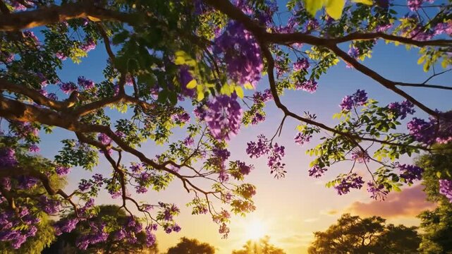Blooming Jacaranda Tree: Golden Hour Serenity in Lush Green Park