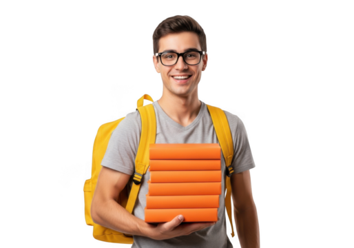 A smiling young man wearing glasses and a yellow backpack holds a stack of orange books isolated on transparent background