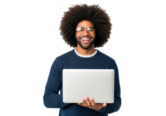 Smiling black man with afro and glasses holding a laptop computer isolated on transparent background