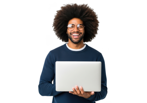 Smiling black man with afro and glasses holding a laptop computer isolated on transparent background