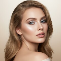 Fototapeta premium Stunning portrait of a beautiful woman with elegant, natural makeup and flowing blonde hair, perfect for beauty and fashion advertising campaigns