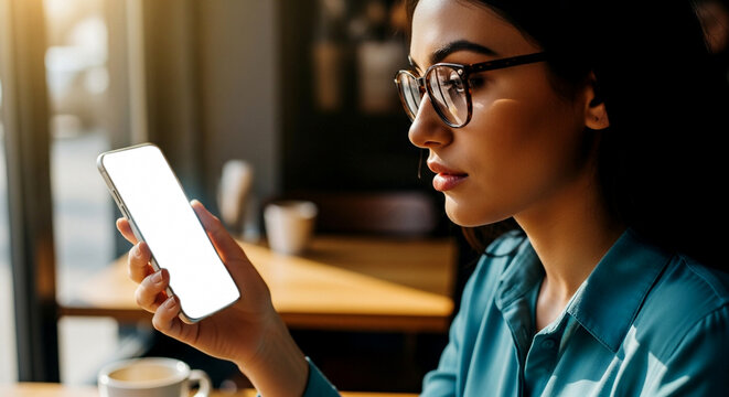 Stylish woman using smartphone with blank screen enjoying coffee in cozy cafe setting with warm sunlight - Powered by Adobe