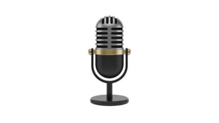 A stylish 3D rendered vintage-style microphone with a silver grille, gold accent, and black stand on a dark transparent background. Ideal for audio content. background removed