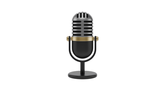 A stylish 3D rendered vintage-style microphone with a silver grille, gold accent, and black stand on a dark transparent background. Ideal for audio content. background removed
