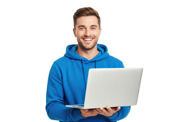 Smiling young man wearing a bright blue hoodie holding an open silver laptop computer with a happy expression isolated on transparent background