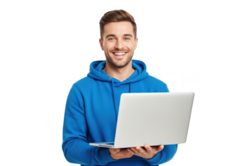 Smiling young man wearing a bright blue hoodie holding an open silver laptop computer with a happy expression isolated on transparent background