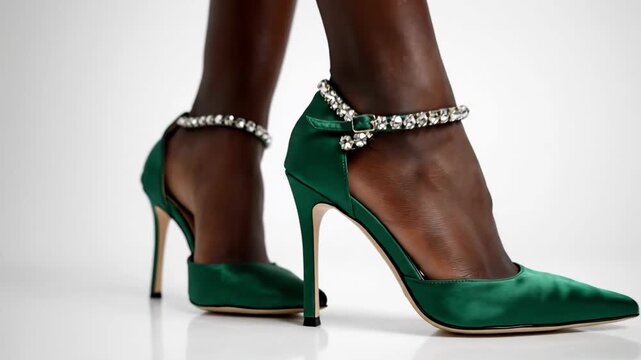 Elegant green high heels and anklet with rhinestones on light background