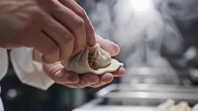 Chef's Hands Crafting Delicious Dumpling with Fresh Ingredients