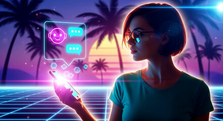 Stylish woman messaging on phone with tropical sunset backdrop and social media icons in vibrant neon hues