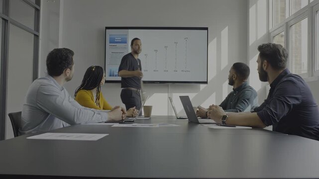 Diverse business team in a meeting, analyzing data on a large screen