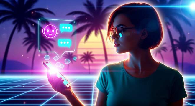 Stylish woman messaging on phone with tropical sunset backdrop and social media icons in vibrant neon hues - Powered by Adobe