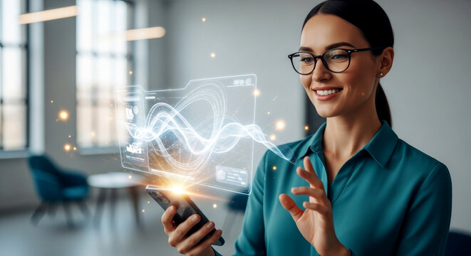 Elegant woman interacts with holographic interface on smartphone in bright office with cutting edge technology