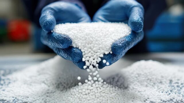 Workers handle white plastic pellets in a manufacturing facility focused on production and quality control