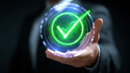 Green check mark symbolizes compliance certification in a business setting, representing successful audit and verification process in professional environment